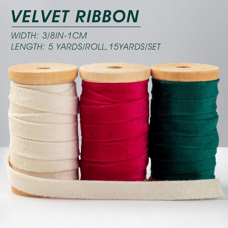 Garbendy Velvet Ribbon Set 3/8" Wide 3 Rolls * 5Yd Wooden Spool Fabric Trim for Christmas Decoration Handmade Craft Ornaments Gift Wrapping Decoration Party Wedding Arts Crafts（Red Green & Beige） - Image 3
